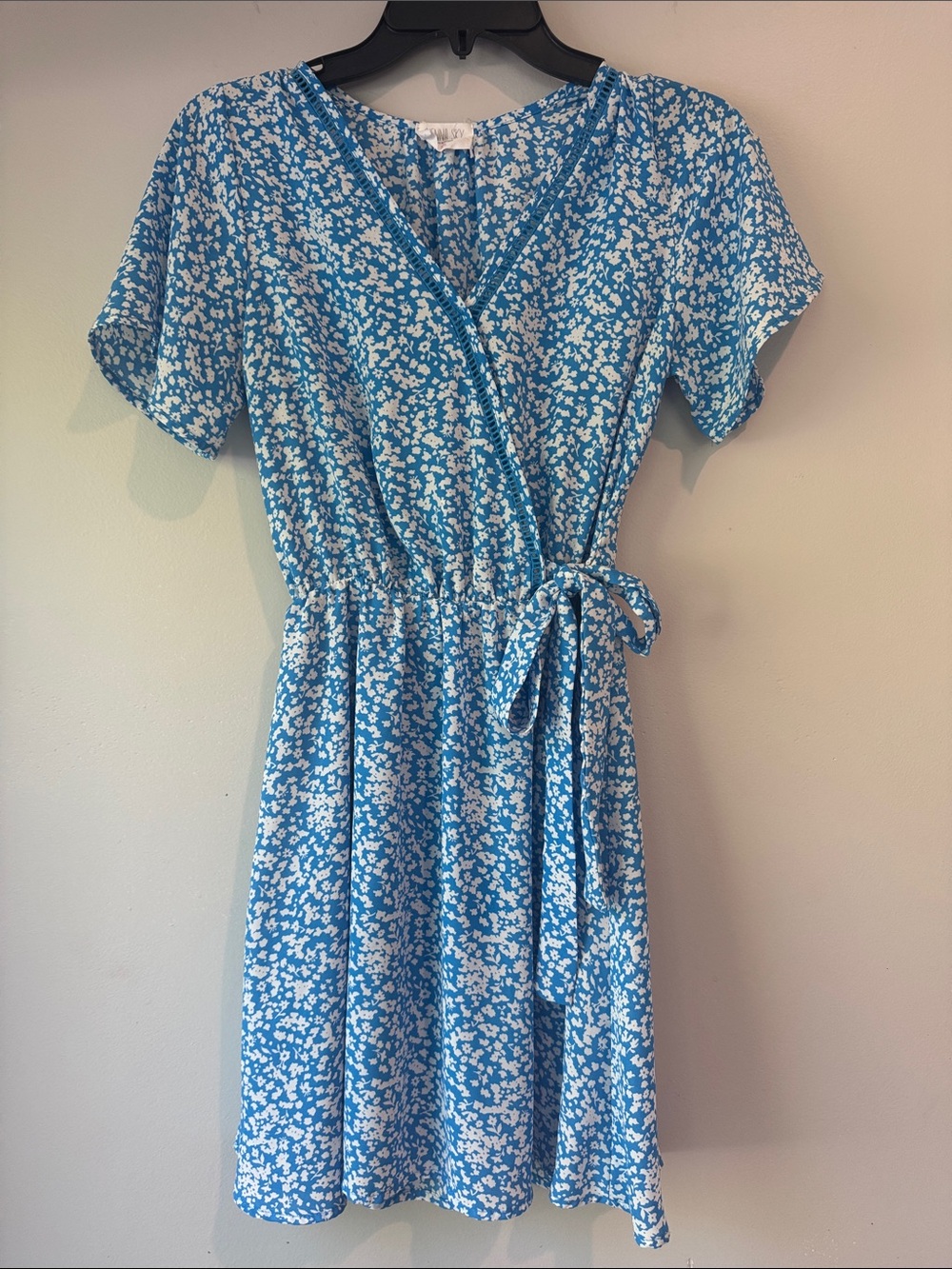 Sienna Sky Blue Floral Faux Wrap Mini Dress with Tie Waist